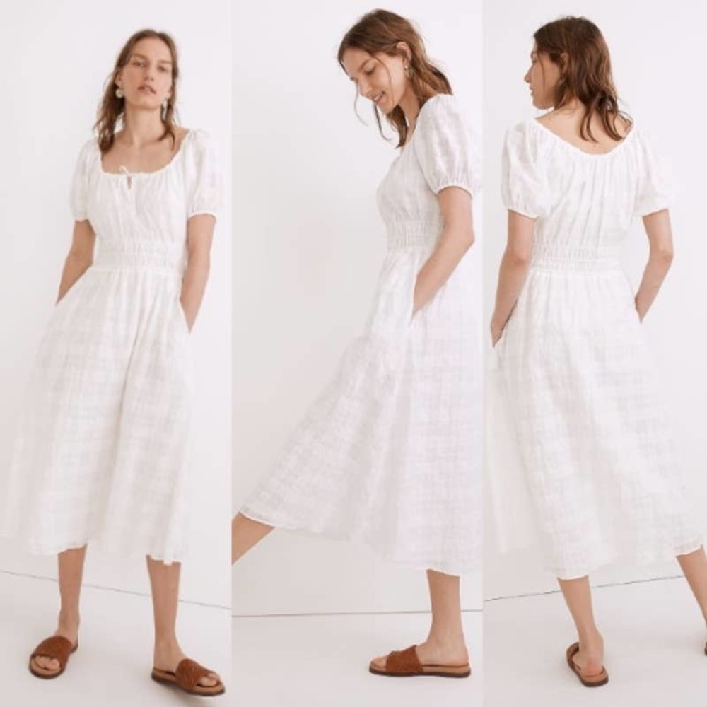 Madewell NWT Seersucker Check Puff Sleeves Sophia Midi Dress White Size Medium